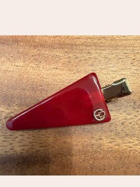 Red Triangle Hair Clip with Gold Logo Accent